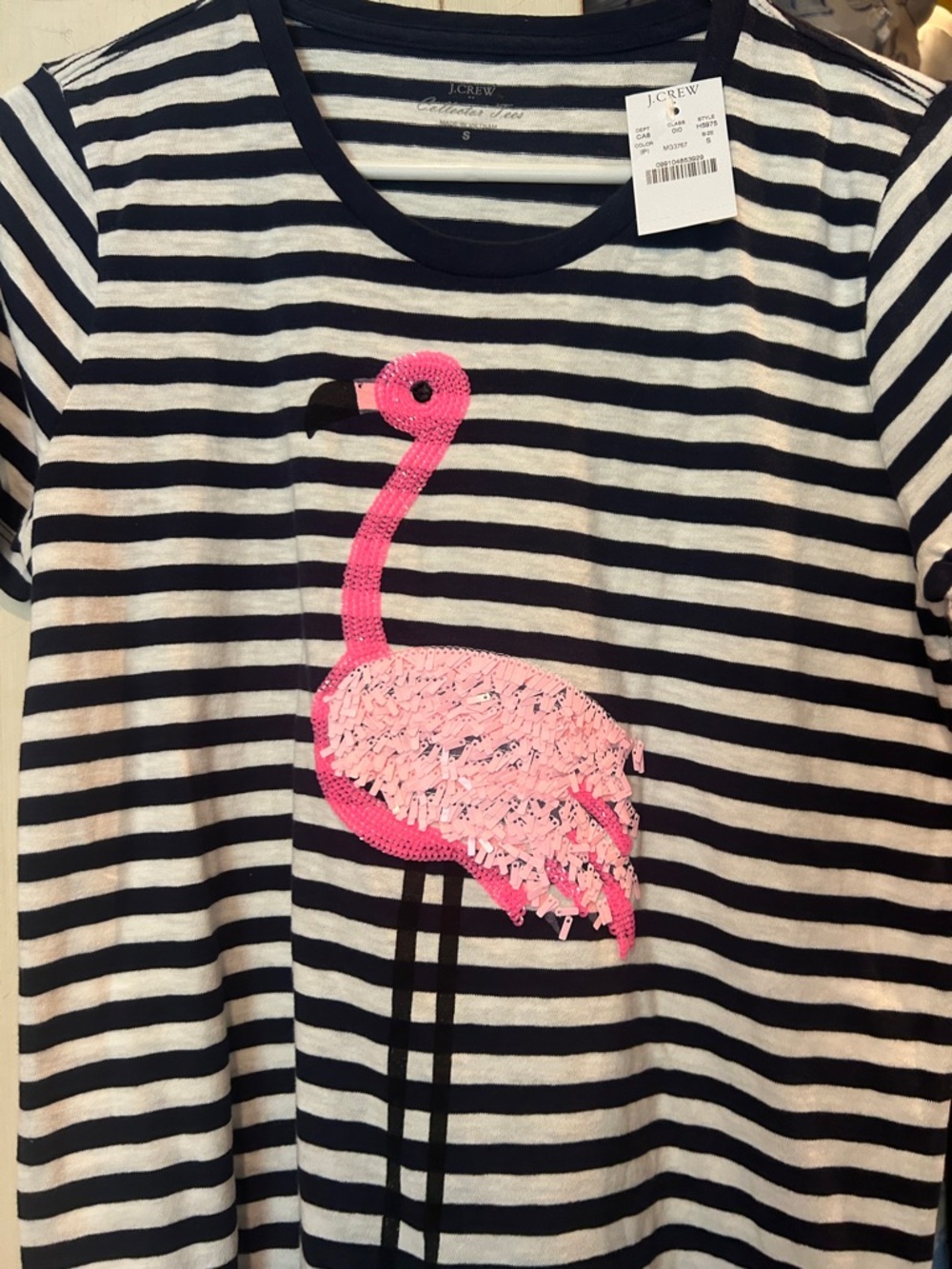 NWT J. Crew Navy & White Striped Tee with Pink Sequined Flamingo size S/M